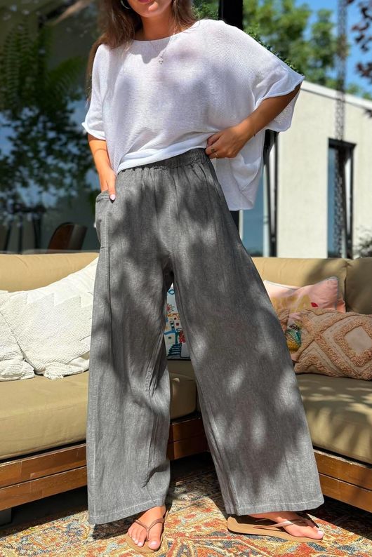 Rustic Nature Linen Blend Pocket Pleat Wide Leg Washed Charcoal